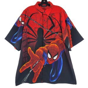 Vintage SPIDERMAN Shirt Mens XXL Red Graphic Print Button Up MARVEL Comics Y2K